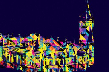 Bokw 'daki sarayın panoraması hava manzaralı sanat illüstrasyonu antika eskiz.