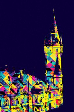 Bokw 'daki sarayın panoraması hava manzaralı sanat illüstrasyonu antika eskiz.