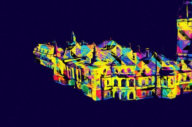 Bokw 'daki sarayın panoraması hava manzaralı sanat illüstrasyonu antika eskiz.