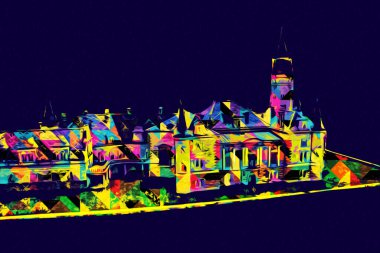 Bokw 'daki sarayın panoraması hava manzaralı sanat illüstrasyonu antika eskiz.