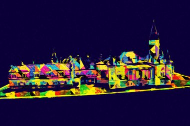 Bokw 'daki sarayın panoraması hava manzaralı sanat illüstrasyonu antika eskiz.