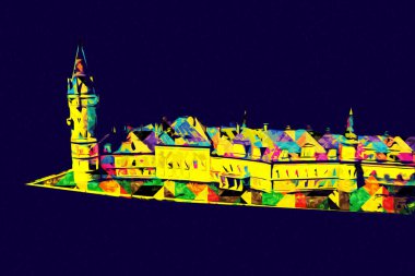 Bokw 'daki sarayın panoraması hava manzaralı sanat illüstrasyonu antika eskiz.