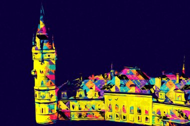 Bokw 'daki sarayın panoraması hava manzaralı sanat illüstrasyonu antika eskiz.