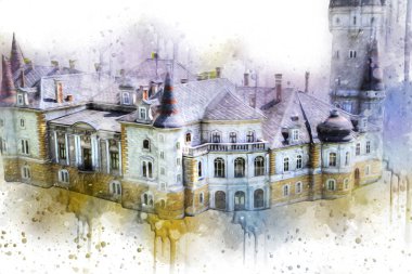 Bokw 'daki sarayın panoraması hava manzaralı sanat illüstrasyonu antika eskiz.