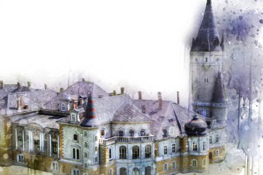 Bokw 'daki sarayın panoraması hava manzaralı sanat illüstrasyonu antika eskiz.