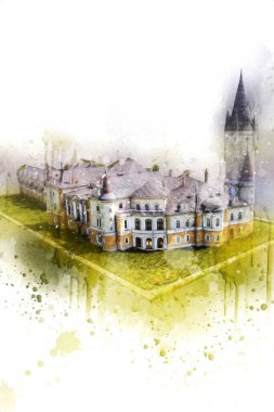 Bokw 'daki sarayın panoraması hava manzaralı sanat illüstrasyonu antika eskiz.