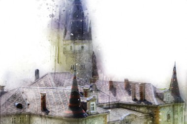 Bokw 'daki sarayın panoraması hava manzaralı sanat illüstrasyonu antika eskiz.