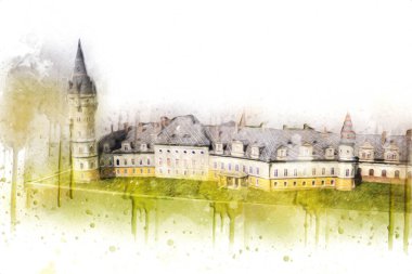 Bokw 'daki sarayın panoraması hava manzaralı sanat illüstrasyonu antika eskiz.