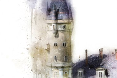 Bokw 'daki sarayın panoraması hava manzaralı sanat illüstrasyonu antika eskiz.