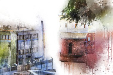 Su Depolama Tankı Klodzko tren manzaralı resim antika eskiz