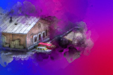 Platformda treni ve lokomotifi olan eski tren istasyonu kalkışı bekliyor. Akşam güneşleri dumanlı kemerlerle ışınlar, sanat illüstrasyonu antika eskizler