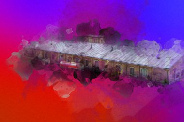 Platformda treni ve lokomotifi olan eski tren istasyonu kalkışı bekliyor. Akşam güneşleri dumanlı kemerlerle ışınlar, sanat illüstrasyonu antika eskizler