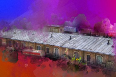 Platformda treni ve lokomotifi olan eski tren istasyonu kalkışı bekliyor. Akşam güneşleri dumanlı kemerlerle ışınlar, sanat illüstrasyonu antika eskizler