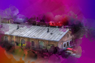 Platformda treni ve lokomotifi olan eski tren istasyonu kalkışı bekliyor. Akşam güneşleri dumanlı kemerlerle ışınlar, sanat illüstrasyonu antika eskizler