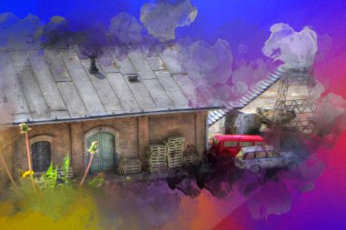 Platformda treni ve lokomotifi olan eski tren istasyonu kalkışı bekliyor. Akşam güneşleri dumanlı kemerlerle ışınlar, sanat illüstrasyonu antika eskizler