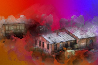 Platformda treni ve lokomotifi olan eski tren istasyonu kalkışı bekliyor. Akşam güneşleri dumanlı kemerlerle ışınlar, sanat illüstrasyonu antika eskizler