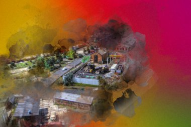 Platformda treni ve lokomotifi olan eski tren istasyonu kalkışı bekliyor. Akşam güneşleri dumanlı kemerlerle ışınlar, sanat illüstrasyonu antika eskizler