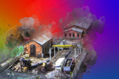 Platformda treni ve lokomotifi olan eski tren istasyonu kalkışı bekliyor. Akşam güneşleri dumanlı kemerlerle ışınlar, sanat illüstrasyonu antika eskizler