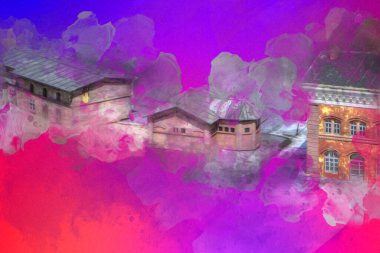 Platformda treni ve lokomotifi olan eski tren istasyonu kalkışı bekliyor. Akşam güneşleri dumanlı kemerlerle ışınlar, sanat illüstrasyonu antika eskizler