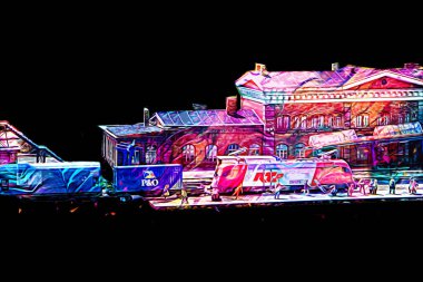 Platformda treni ve lokomotifi olan eski tren istasyonu kalkışı bekliyor. Akşam güneşleri dumanlı kemerlerle ışınlar, sanat illüstrasyonu antika eskizler