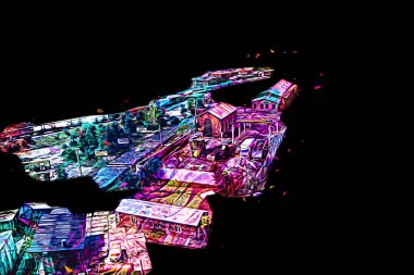 Platformda treni ve lokomotifi olan eski tren istasyonu kalkışı bekliyor. Akşam güneşleri dumanlı kemerlerle ışınlar, sanat illüstrasyonu antika eskizler