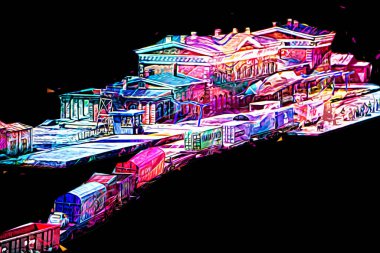 Platformda treni ve lokomotifi olan eski tren istasyonu kalkışı bekliyor. Akşam güneşleri dumanlı kemerlerle ışınlar, sanat illüstrasyonu antika eskizler