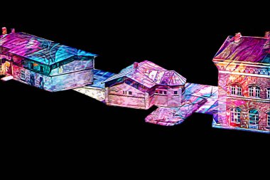 Platformda treni ve lokomotifi olan eski tren istasyonu kalkışı bekliyor. Akşam güneşleri dumanlı kemerlerle ışınlar, sanat illüstrasyonu antika eskizler