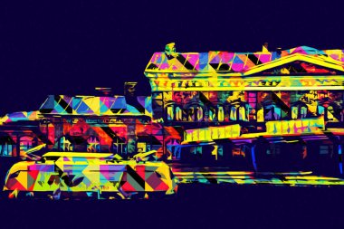 Platformda treni ve lokomotifi olan eski tren istasyonu kalkışı bekliyor. Akşam güneşleri dumanlı kemerlerle ışınlar, sanat illüstrasyonu antika eskizler