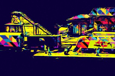 Platformda treni ve lokomotifi olan eski tren istasyonu kalkışı bekliyor. Akşam güneşleri dumanlı kemerlerle ışınlar, sanat illüstrasyonu antika eskizler