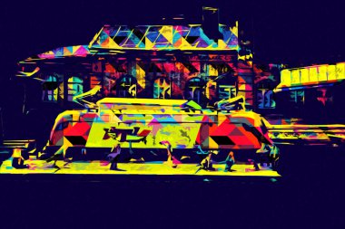 Platformda treni ve lokomotifi olan eski tren istasyonu kalkışı bekliyor. Akşam güneşleri dumanlı kemerlerle ışınlar, sanat illüstrasyonu antika eskizler