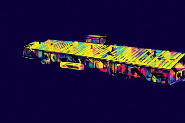 Platformda treni ve lokomotifi olan eski tren istasyonu kalkışı bekliyor. Akşam güneşleri dumanlı kemerlerle ışınlar, sanat illüstrasyonu antika eskizler