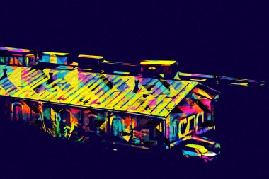 Platformda treni ve lokomotifi olan eski tren istasyonu kalkışı bekliyor. Akşam güneşleri dumanlı kemerlerle ışınlar, sanat illüstrasyonu antika eskizler