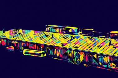 Platformda treni ve lokomotifi olan eski tren istasyonu kalkışı bekliyor. Akşam güneşleri dumanlı kemerlerle ışınlar, sanat illüstrasyonu antika eskizler