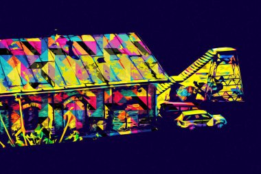 Platformda treni ve lokomotifi olan eski tren istasyonu kalkışı bekliyor. Akşam güneşleri dumanlı kemerlerle ışınlar, sanat illüstrasyonu antika eskizler