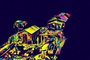 Platformda treni ve lokomotifi olan eski tren istasyonu kalkışı bekliyor. Akşam güneşleri dumanlı kemerlerle ışınlar, sanat illüstrasyonu antika eskizler