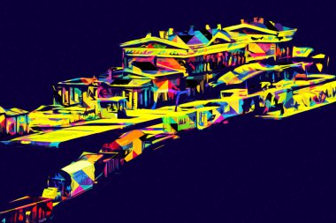 Platformda treni ve lokomotifi olan eski tren istasyonu kalkışı bekliyor. Akşam güneşleri dumanlı kemerlerle ışınlar, sanat illüstrasyonu antika eskizler