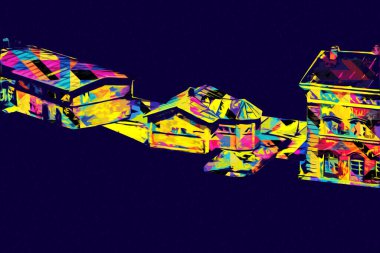 Platformda treni ve lokomotifi olan eski tren istasyonu kalkışı bekliyor. Akşam güneşleri dumanlı kemerlerle ışınlar, sanat illüstrasyonu antika eskizler