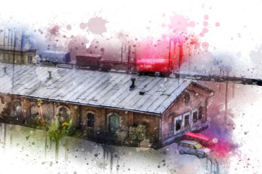 Platformda treni ve lokomotifi olan eski tren istasyonu kalkışı bekliyor. Akşam güneşleri dumanlı kemerlerle ışınlar, sanat illüstrasyonu antika eskizler