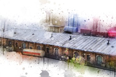 Platformda treni ve lokomotifi olan eski tren istasyonu kalkışı bekliyor. Akşam güneşleri dumanlı kemerlerle ışınlar, sanat illüstrasyonu antika eskizler