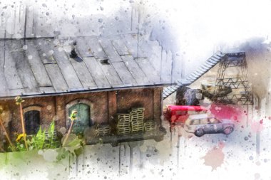 Platformda treni ve lokomotifi olan eski tren istasyonu kalkışı bekliyor. Akşam güneşleri dumanlı kemerlerle ışınlar, sanat illüstrasyonu antika eskizler