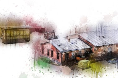 Platformda treni ve lokomotifi olan eski tren istasyonu kalkışı bekliyor. Akşam güneşleri dumanlı kemerlerle ışınlar, sanat illüstrasyonu antika eskizler