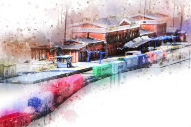 Platformda treni ve lokomotifi olan eski tren istasyonu kalkışı bekliyor. Akşam güneşleri dumanlı kemerlerle ışınlar, sanat illüstrasyonu antika eskizler