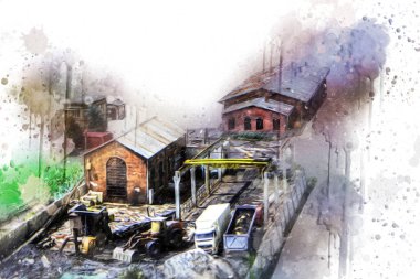 Platformda treni ve lokomotifi olan eski tren istasyonu kalkışı bekliyor. Akşam güneşleri dumanlı kemerlerle ışınlar, sanat illüstrasyonu antika eskizler