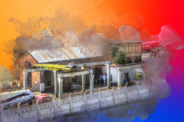 Kamyon ve konteynırlarla dolu bir geri dönüşüm alanının havadan görüntüsü antika eskiz sanatı.