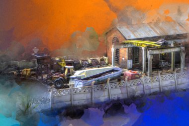 Kamyon ve konteynırlarla dolu bir geri dönüşüm alanının havadan görüntüsü antika eskiz sanatı.