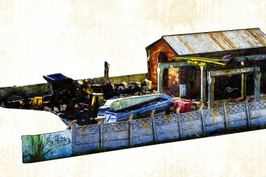 Kamyon ve konteynırlarla dolu bir geri dönüşüm alanının havadan görüntüsü antika eskiz sanatı.