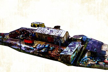 Kamyon ve konteynırlarla dolu bir geri dönüşüm alanının havadan görüntüsü antika eskiz sanatı.