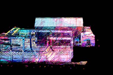 Kamyon ve konteynırlarla dolu bir geri dönüşüm alanının havadan görüntüsü antika eskiz sanatı.