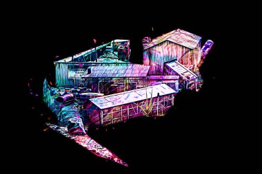 Kamyon ve konteynırlarla dolu bir geri dönüşüm alanının havadan görüntüsü antika eskiz sanatı.