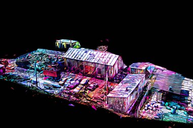 Kamyon ve konteynırlarla dolu bir geri dönüşüm alanının havadan görüntüsü antika eskiz sanatı.